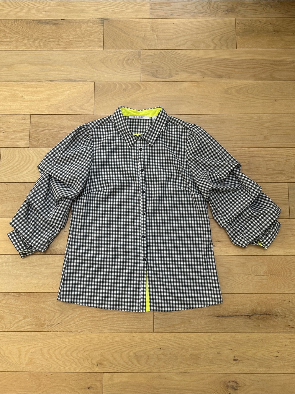 Insight Black & White Gingham Ruffle-Sleeve Button-Up Top with Neon Yellow Trim